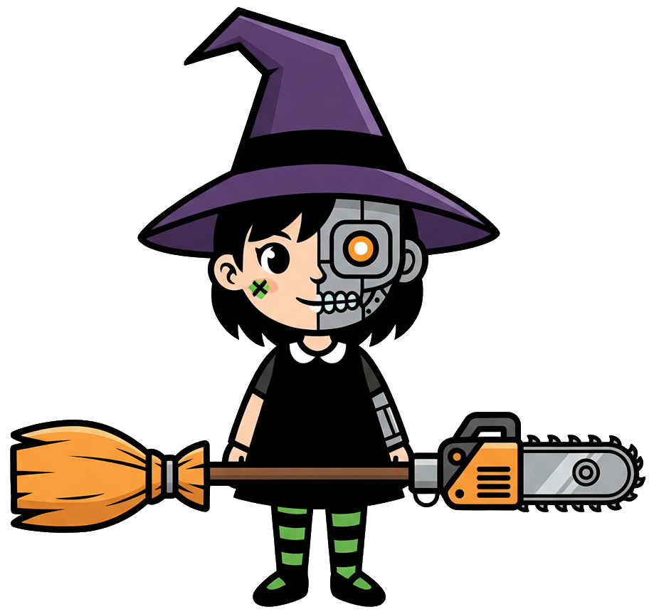 Hybrid witch-cyborg mascot